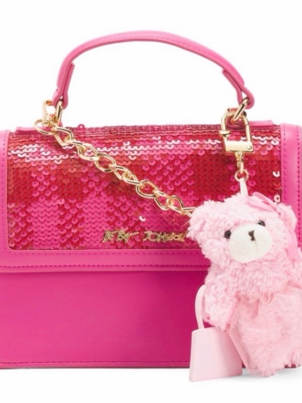 Betsey Johnson Hot Pink Sequin Top-Handle Satchel with Teddy Charm NWT